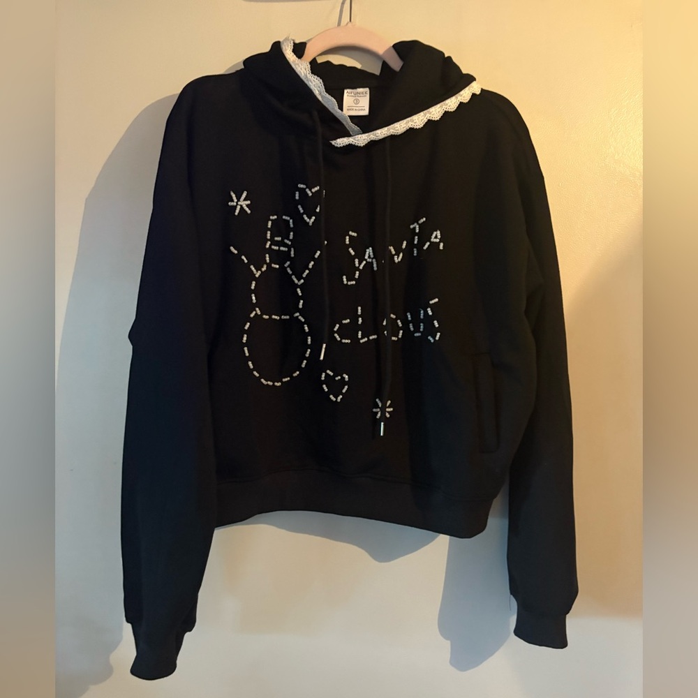Cute & Fun Holiday Black Hoodie with White Pearl Like Stitching